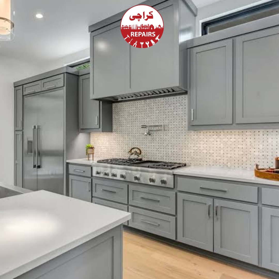 Various types of kitchen cabinets including solid wood and MDF being painted beautifully in Karachi