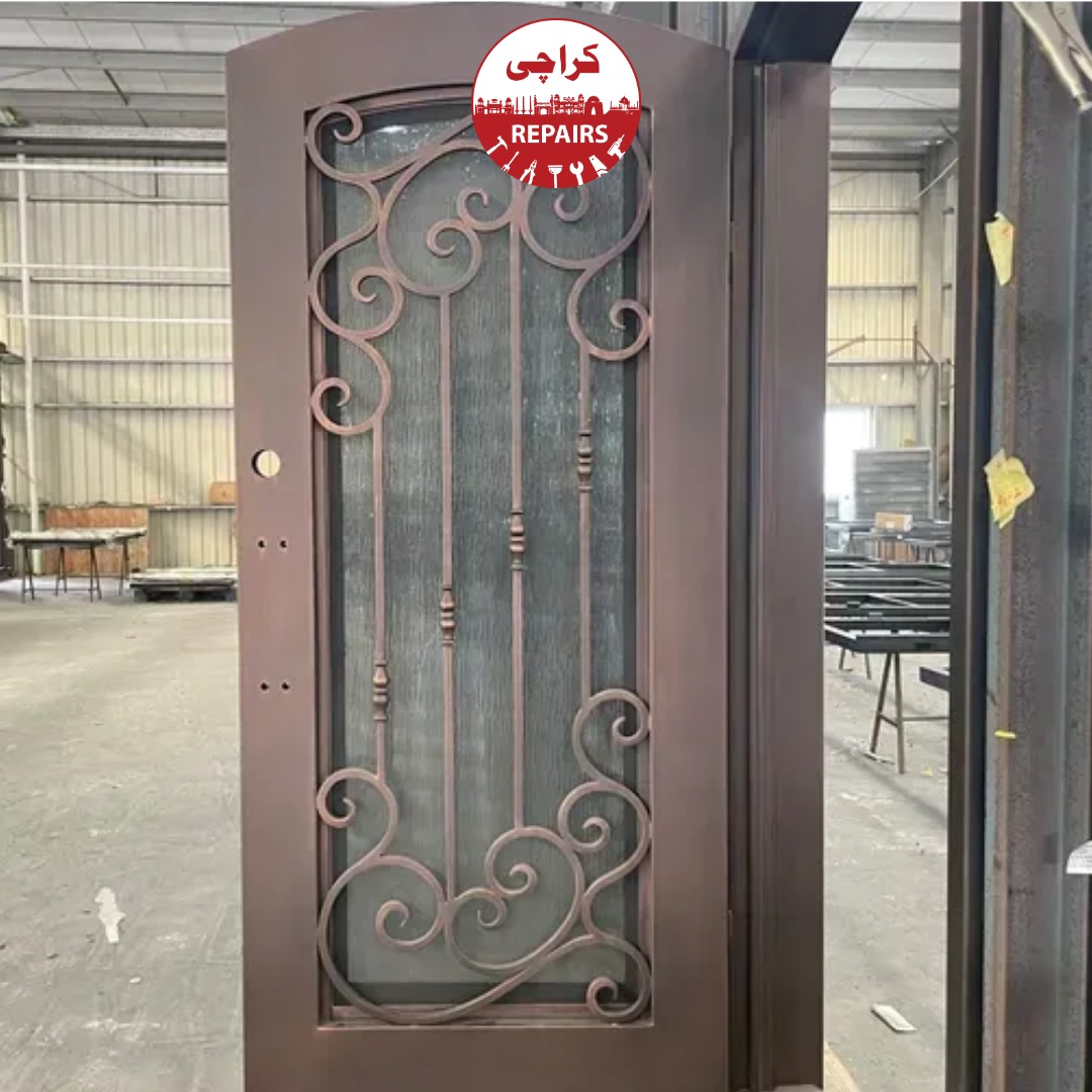Professional painters safely spray painting an iron gate using heavy air compressors